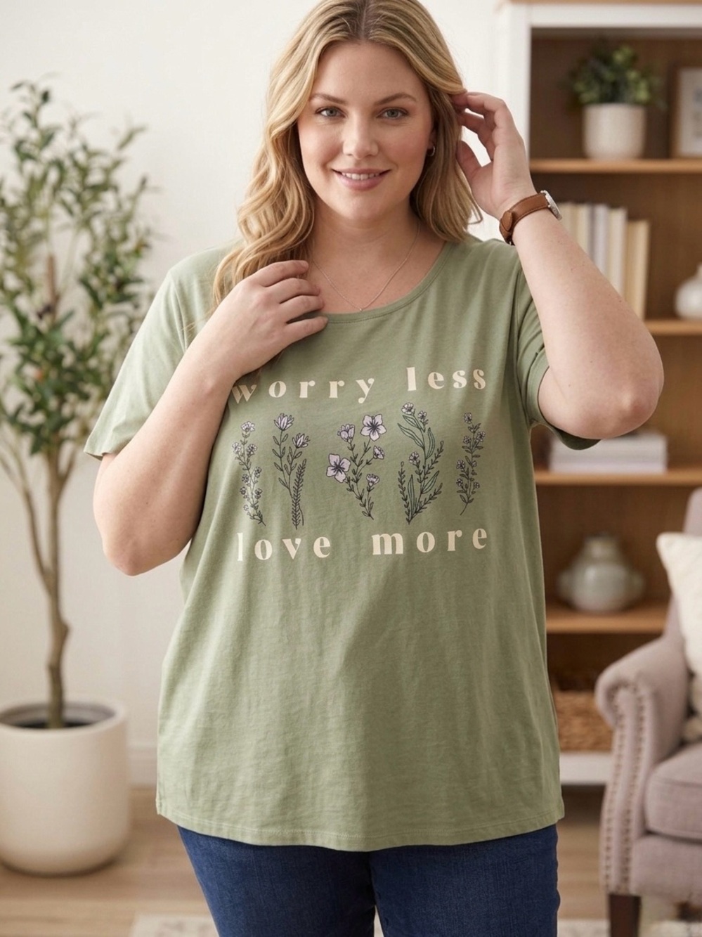 Fleurish Olive Green Floral Graphic Tee - Worry Less Love More